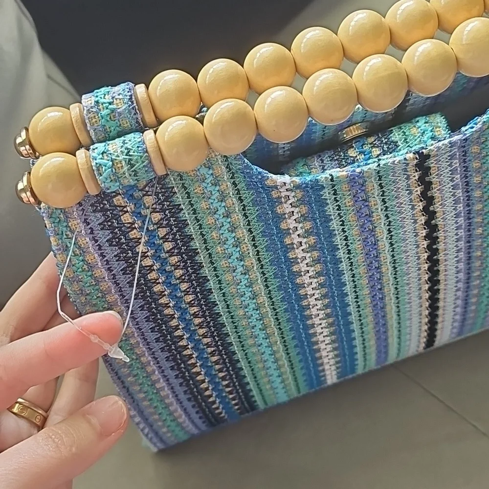 Striped Turquoise Blue and Green Handbag with Wooden Handles